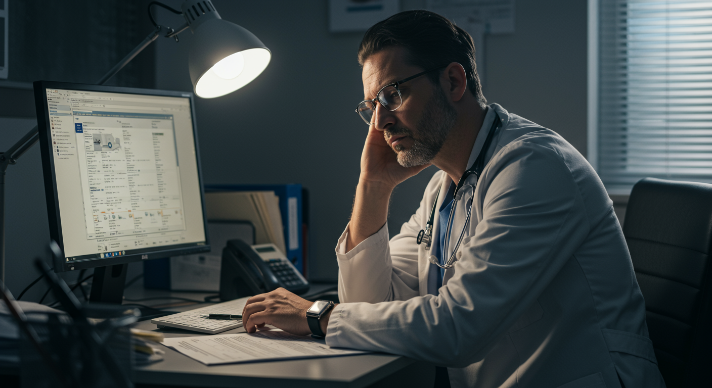 Medical professional looking stressed with paperwork